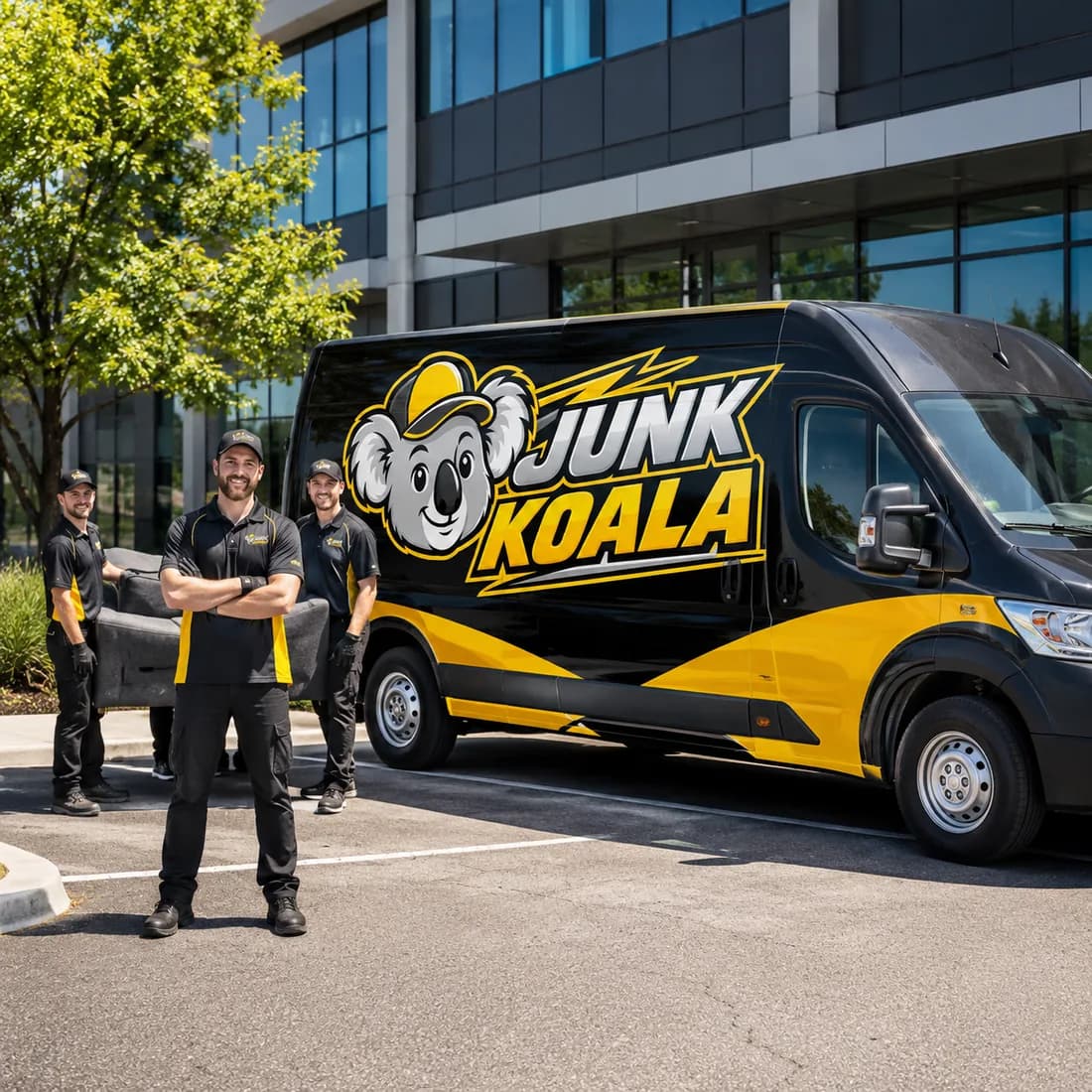 A Junk Koala crew removing furniture from an office building, with the branded van alongside.