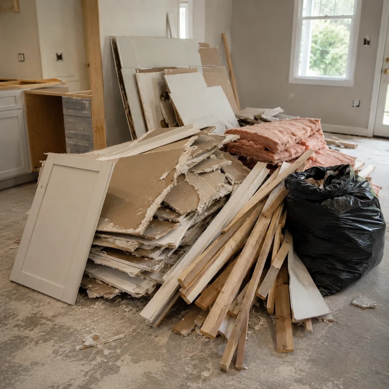 Drywall sheets, lumber offcuts, insulation and bagged waste piled in a room after a renovation.