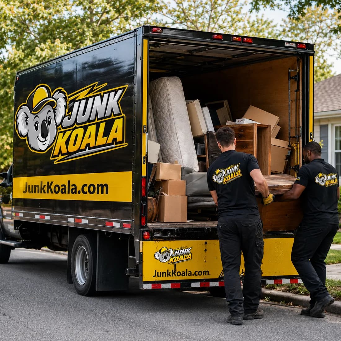 Two Junk Koala crew members lifting furniture into the back of a loaded truck during a furniture removal.