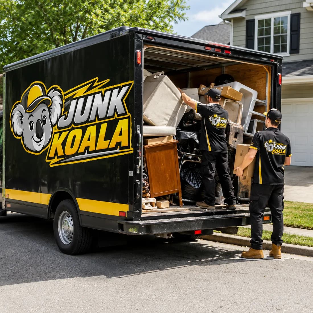 A hauling crew loading a sofa up a ramp into a box truck.