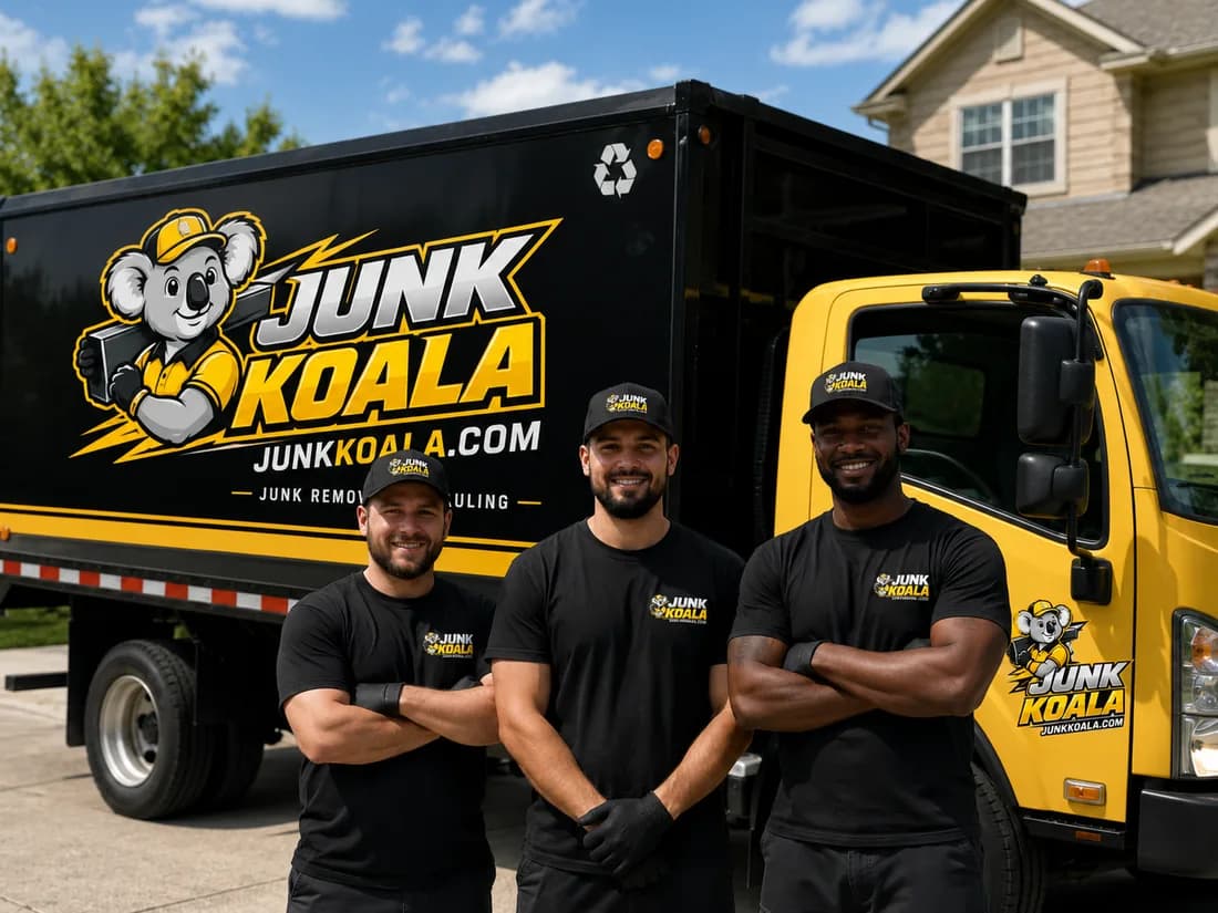 Three Junk Koala crew members in branded t-shirts and caps in front of a box truck.