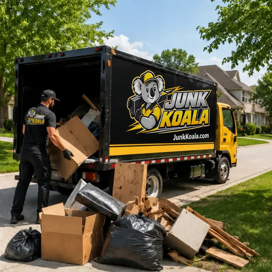 A Junk Koala crew member loading boxes, bagged waste and timber from a kerbside pile into the truck.