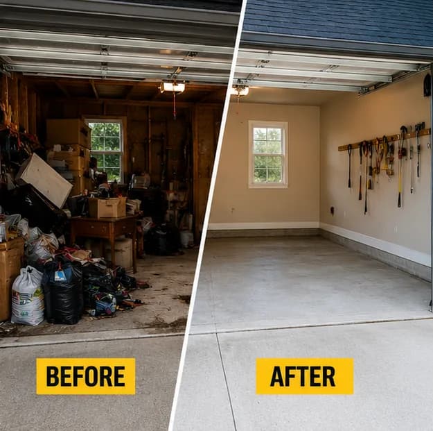 Side-by-side before and after of a garage cleanout: cluttered on the left, swept and empty on the right.