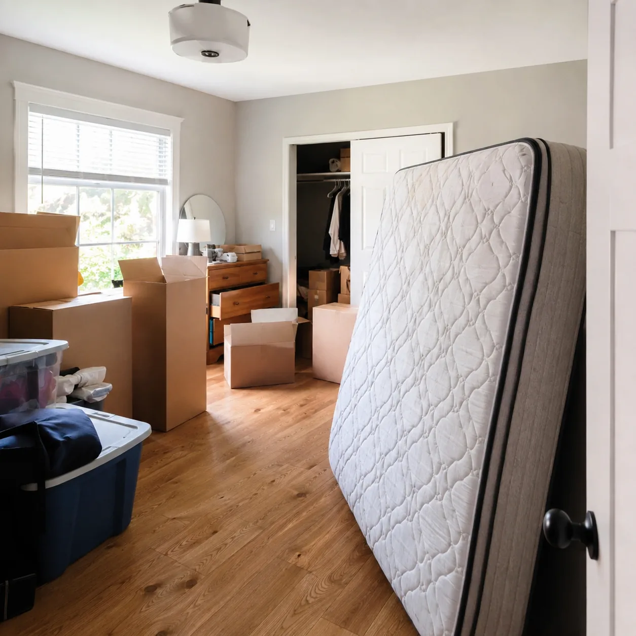 A used mattress propped against a bedroom wall beside moving boxes and storage bins, ready to be taken away.