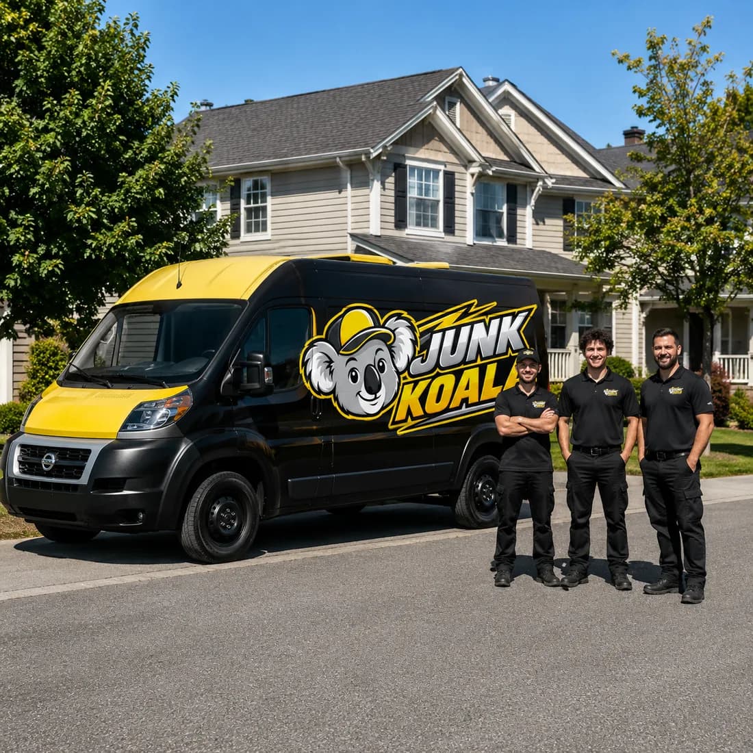 A Junk Koala crew in branded polo shirts standing beside a company van.