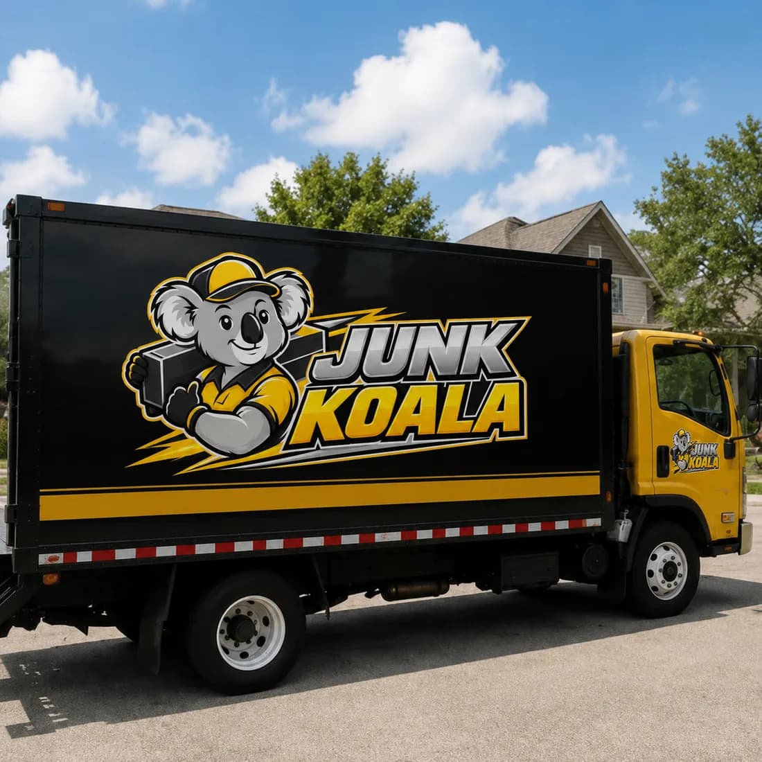 A Junk Koala box truck parked on a residential street between appointments.