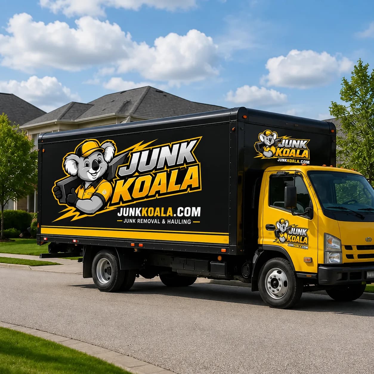 A black and yellow Junk Koala box truck parked at the kerb on a suburban residential street.