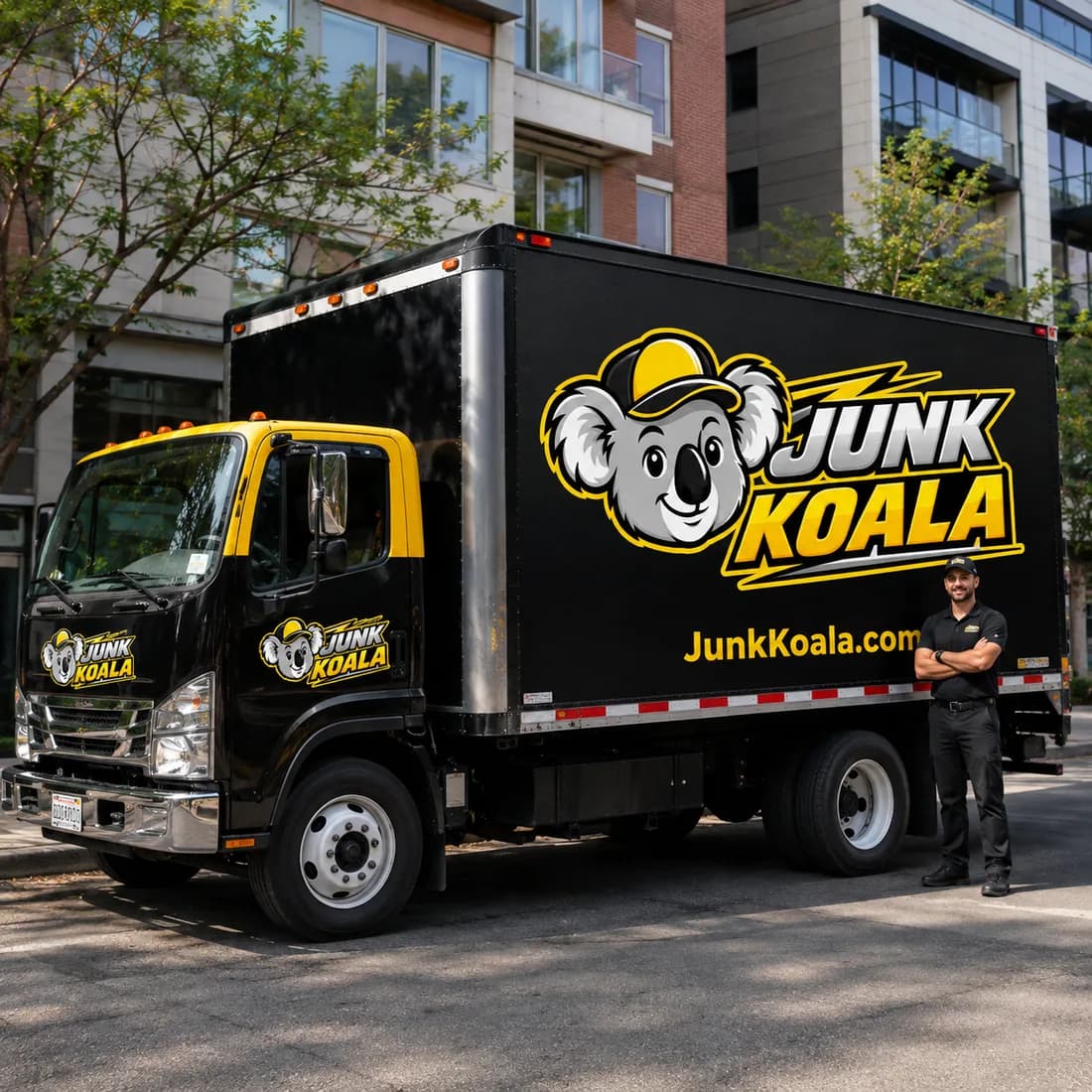 Side view of a Junk Koala box truck showing the full branded livery, with a crew member alongside.